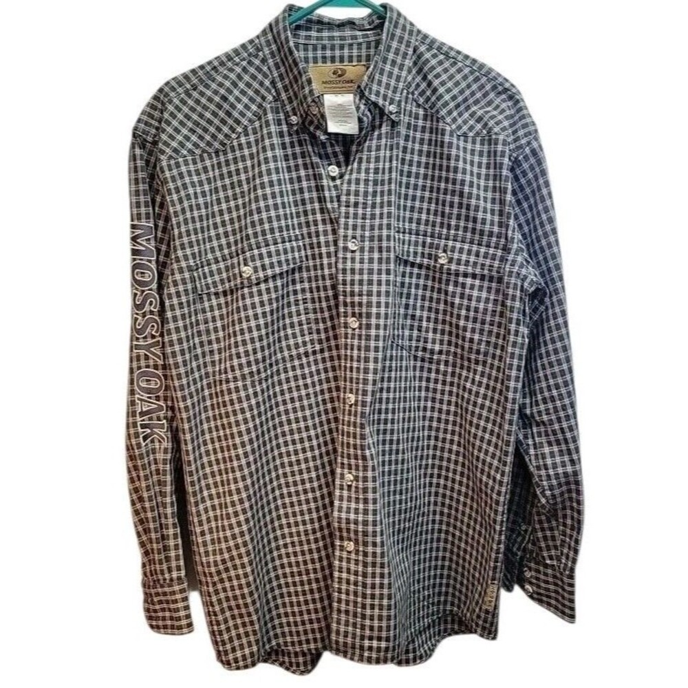 Mossy Oak Backcountry Size M Blue White Plaid Long‎ Sleeve Shirt Pockets